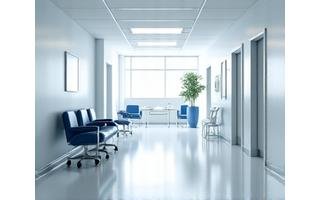 Καθαρό, αποστειρωμένο εσωτερικό ιατρικής κλινικής με σύγχρονο εξοπλισμό, εστιάζοντας στην υγιεινή και την ασφάλεια.